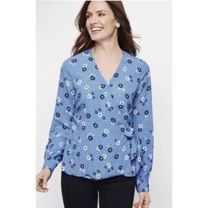 Talbots Women’s Petite L Blouse Blue Poet Sleeves Faux Wrap Flowers Dots V-neck